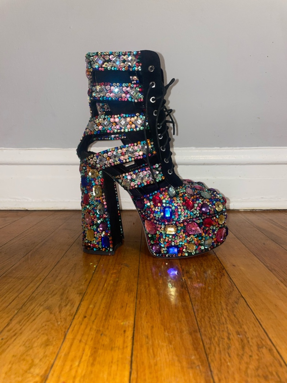 Multi-Embellished Gem Platform Heels - Black Multi